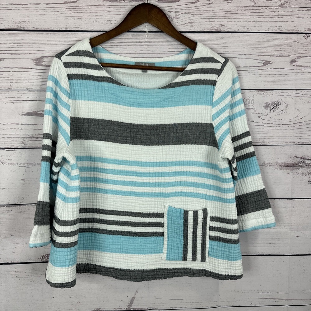 Habitat Top Womens Medium Blue White Striped Gauze Textured Knit Art Pocket